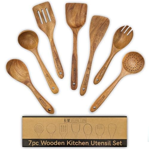Image of A&M Natural Living Wooden Kitchen Utensils Set of 7 for Cooking, Wooden Kitchen Utensils Including Wooden Spoons, Serving Spoon, Wooden Spatula Set, Wooden Spoons Cooking Kitchen Sets