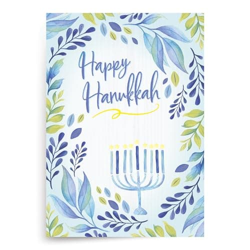 Image of Designer Greetings, To Life! Boxed Hanukkah Cards, “Happy Hanukkah” Blue Menorah Design (Box of 15 Cards and Foil-Lined Envelopes)