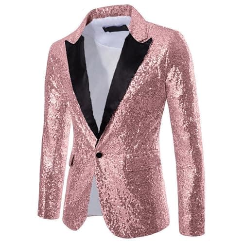 Image of Gold Sequin Jacket Men's for Carnival Fancy Dress and Festive Occasions Glitter Suit Jacket Wedding Stage Performance Evening Wear, 2 pink, XL