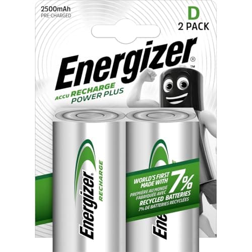 Image of Energizer Recharge Power Plus - Rechargeable D Batteries (2 Pack) - 2500 mAh NiMH - Toys, Radios and Torches - 100% Recyclable Plastic Free Packaging