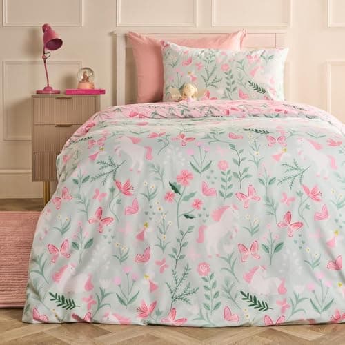 Image of OHS Girls Single Duvet Cover Set Reversible, Valentines Gifts Enchanted Unicorn Kids Bedding Super Soft Cosy Warm Microfibre Quilt Cover Stylish Comfy Bedding Single with Pillowcase, Sage/Pink