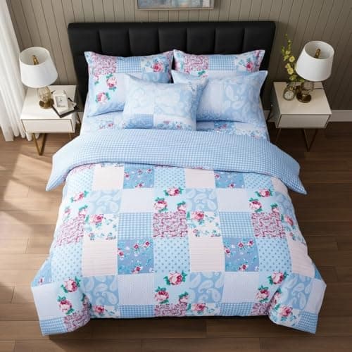 Image of B&B Printed Duvet Cover Set, 100% Rich Cotton Comforter Cover Bedding Sets - Soft, Thick Anti-Allergy 3PCS Quilt Covers with 1 Pillow Shams (Single, Floral Blue)