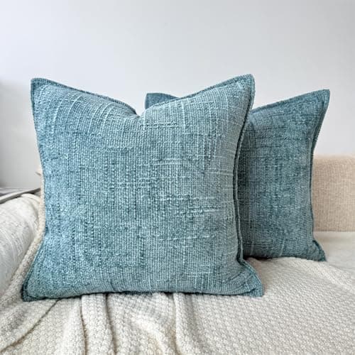 Image of OYIMUA Teal Cushion Covers 40cm x 40cm Set of 2 Soft Chenille Pillow Cases 16x16 Inch Square Cushion Cover Modern Farmhouse Home Decorative Sofa Throw Pillow Covers