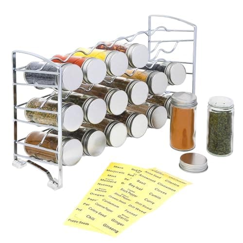 Image of Amtido Spice Rack Storage - 3 Tier Metal Spice Rack Organiser with 18 Empty Glass Jar Bottles and 48 Sticker Labels - Stylish Herbs and Spices Organiser for Kitchen Cupboard Island and Pantry – Chrome