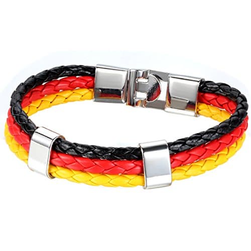 Image of JewelryWe FIFA World Cup Mens Womens Leather Bracelet, German Germany Flag Cuff Bangle 8.3 Inch, Black Red Yellow (with Gift Bag)