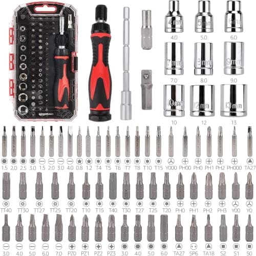 Image of Amazon Basics 73-Piece Magnetic Ratcheting Wrench and Electronics Precision Screwdriver Set, Black, Red, Silver