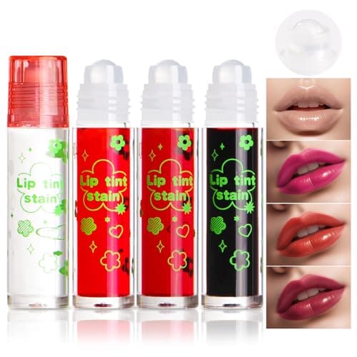 Image of Prreal 4PCS Roll-On Lip Tint Stain Set, Highly Pigmented Lip Stain Lip Gloss, Multi-Function Lip Tint Blush Eyeshadow Lip Stains, Long-Lasting Moisturizing Lipstain with Clear Lip Oil (Set A)