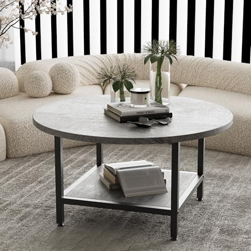 Image of ARFARLY Round Coffee Table for Living Room, 2 Tier Coffee Tables with Storage Shelf, Modern Farmhouse Circle Center Table with Sturdy Metal Frame Home Furniture, Grey