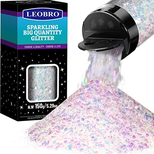Image of LEOBRO Holographic Chunky Glitter, White Craft Glitter for Resin, Festival, Cosmetic - 150G/5.29OZ - 0.2mm/1mm/2.5mm