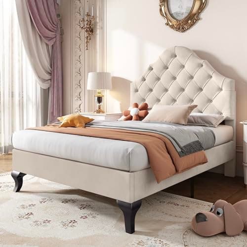 Image of BTM Single Bed 90 * 190, Upholstered Bed with Slatted Frame and Headboard, Upholstered Bed with Height-adjustable Headboard, Velvet, Beige