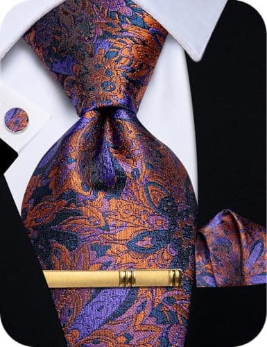 Image of YourTies Rust Purple Ties for Men Floral Silk Necktie Pocket Square Cufflinks Tie Clip Set Wedding Party Business Formal