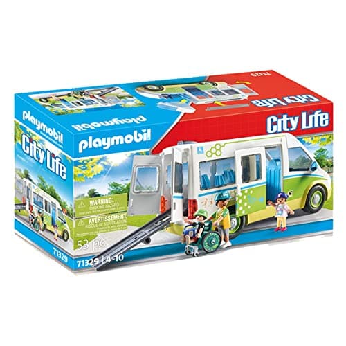 Image of Playmobil 71329 City Life School Bus, Large school bus with sliding door and folding ramp for wheelchair, educational toy, fun imaginative role play, playsets suitable for children ages 4+