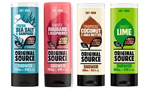 Image of Original Source Shower Gel Set 4 x 250ml NEW Fragrance Fresh Sea Salt & Samphire, Sweet Rhubarb and Raspberry, Zingy Lime and Tropical Coconut & Shea Butter