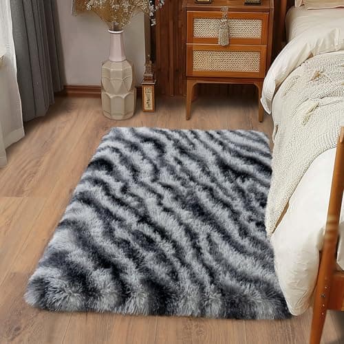 Image of Ailyei Soft Runner Rugs for Bedroom Hallways, 2x3 Black and White Fluffy Shag Throw Area Rug Non Slip for Bedside Dorm, Long Shaggy Furry Carpet for Nursery Living Room