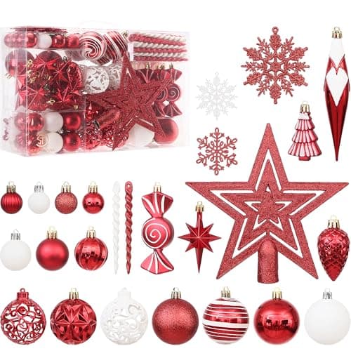 Image of Sea Team 130-Pack Assorted Shatterproof Plastic Christmas Ball Ornaments Set, Decorative Baubles, Pendants, Decorations with Tree Topper Star for Xmas Tree, Wreath, Garland（Red）