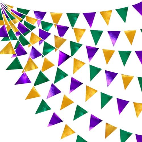 Image of 32Ft Purple Gold Green Bunting Banner Mardi Gras Party Decorations Fabric Triangle Flag Pennant Garland Streamers for Birthday Wedding Bridal Baby Shower Garden Masquerade Party Holiday Hanging Decor
