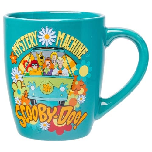 Image of Silver Buffalo Scooby Doo Group Mystery Machine Flowers Jumbo Curved Ceramic Mug, 25 Ounces