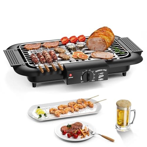 Image of Mihoho Electric BBQ Grill, Smokeless Non-Stick Indoor/Outdoor Barbecue, 2000W Double tube High Power Portable Removable Stand Grill for BBQ Party (Black A)