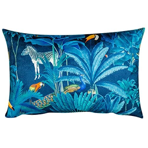 Image of Linen Loft Palm Forest Velvet XL Rectangular Cushion Cover. Exotic Birds & Jungle Animals, Bright Teal Background. Backed With a Plain Teal Velvet. 23x15 XL Cover Only.