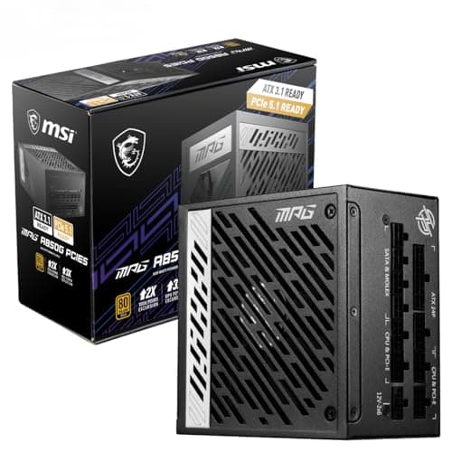 Image of MSI MPG A850G PCIE5 Power Supply Unit, UK Plug - 850W, 80 Plus Gold Certified, Fully Modular ATX 3.0, PCIe 5.0 GPU Support, Japanese 105°C Capacitors, 0% RPM Mode, Flat Cables - 10 Year Warranty