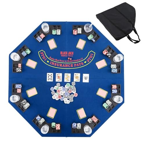 Image of GYMAX 48-Inch Foldable Texas Hold'em Poker Table Top - 8-Player Professional Layout with Cup Holders & Chip Trays, Carrying Bag for Party Casino (Blue)