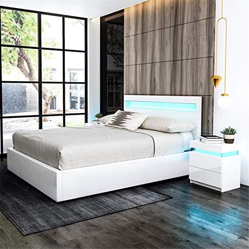 Image of Senvoziii LED Bed Frame Ottoman Gas Lift Up Bed 3ft Single Size Faux Leather Storage Bed Frame for Adults, Teenagers, White (No Mattress)