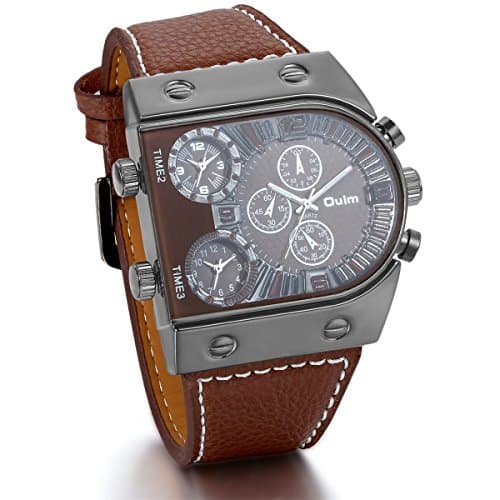 Image of JewelryWe Mens Oversize 3 Time Zone Military Sport Leather Quartz Watch,Coffee
