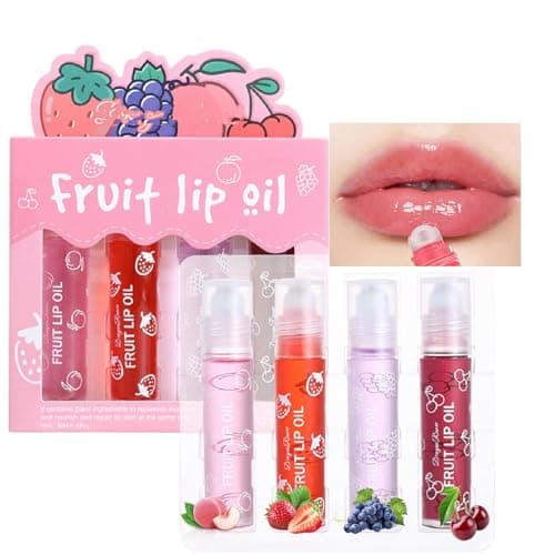 Image of 4 Packs Roll On Lip Oil Set for Women & Girls, Fruit Flavoured Moisturising Lip Gloss, Hydrating Lip Glow Oil, Long Lasting Plumping Liquid Lipstick, Glossy Lip Care Gift Set for Teens