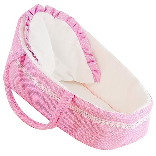 Image of The Magic Toy Shop BiBi Doll Baby Doll Carry Cot up to 15" - Pink Polka Dot Bassinet with Pillow & Carry Handles, Portable Sleeping Carrier Bed for Girls & Boys Aged 18 Months+