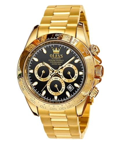 Image of OLEVS Automatic Watches for Men Gold Mechanical Self Winding Stainless Steel Multifunction Chronograph Analogue Waterproof Date Luminous Gent Wrist Watch Green Blue Dial