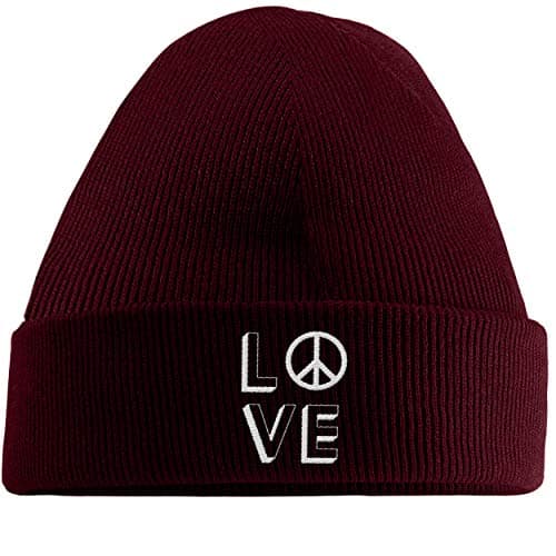 Image of Hippowarehouse Love Peace Embroidered Beanie Hat Maroon
