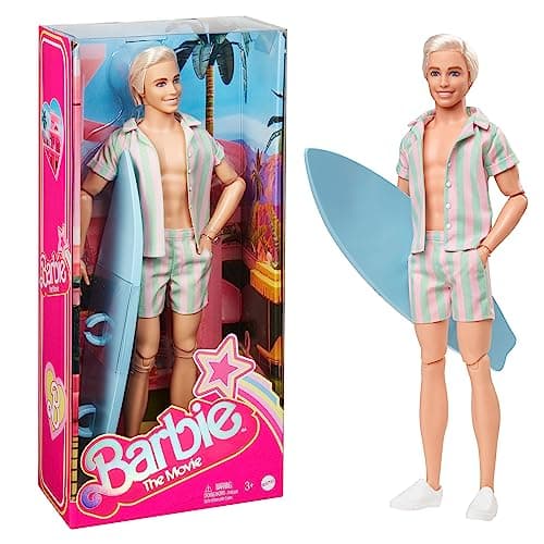 Image of Barbie The Movie Ken Doll Wearing Pastel Pink and Green Striped Beach Matching Set with Surfboard and White Sneakers, HPJ97