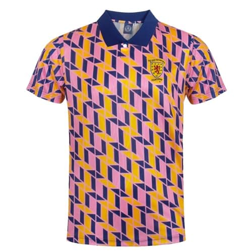 Image of Scotland Official Football Gift Mens 1990 Retro Shirt Navy Yellow Pink Large