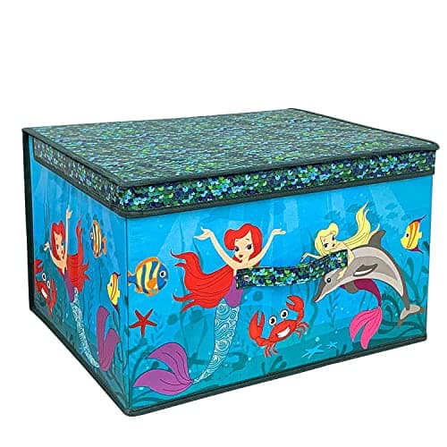 Image of The Magic Toy Shop Large Foldable Kids Toy Storage Box with Lid - Mermaid Design - Collapsible Fabric Organizer for Children's Toys, Crafts, Clothes - for Boys & Girls Bedroom 50x30x40cm