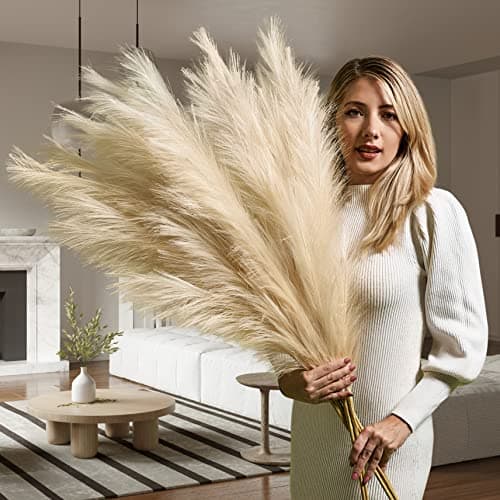 Image of Beige Tall Pampas Grass Artificial, 3x 115cm Stems of Extra Large, Full & Fluffy Faux Pampas Grass for Tall Vases Floor Standing, Bendable Fake Pampas Grass Decor