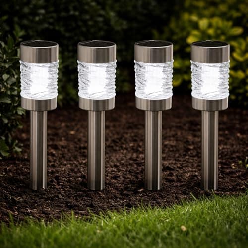 Image of Garden Mile 4Pcs Martini Solar Stake Lights Outdoor Garden - LED Solar Powered Waterproof Pathway Lighting Auto On/Off for Patio Garden Decor - Stainless Steel & Glass - 42cm x 6cm - Bright White
