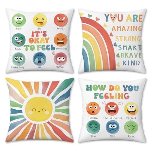 Image of Bonhause Calming Corner Cushion Covers 45 x 45 cm Kids Mental Health Rainbow Throw Pillow Covers Soft Velvet Pillowcases for Sofa Couch Bed Home School Classroom Reading Decor Set of 4