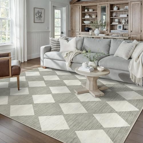 Image of PureCozy 160x230cm Grey Checkered Rugs for Bedroom Living Room, Washable Soft Area Rugs with Non-Slip Backing, Boho Modern Low Pile Carpet for Kitchen Office Dining Room Playroom Indoor