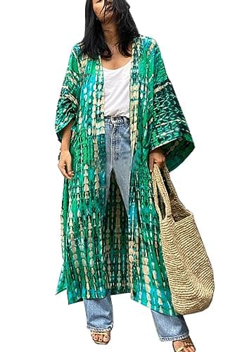 Image of LikeJump Women's Long Floral Kimono Dressing Gown Beach Bikini Cover-Ups Maxi Dress Plus Size Summer Robe Green