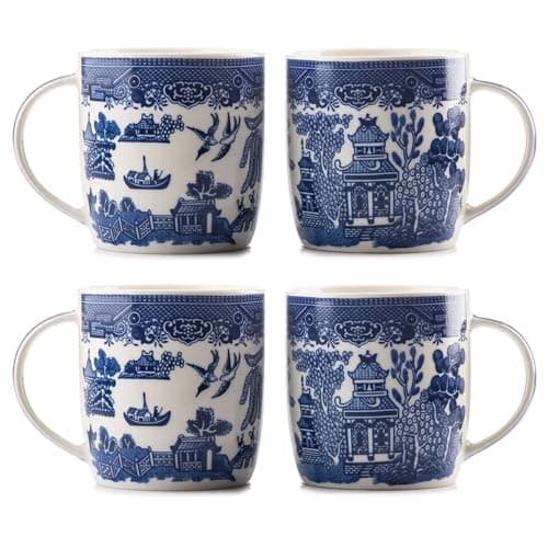 Image of UNIQUE HOME LIVING Blue Willow Barrel Mugs Set of 4, 340ml Bone China Coffee Mug Oriental Style Coffee Cups with Handle for Milk Tea Hot Cocoa (9 x 8.5cm)