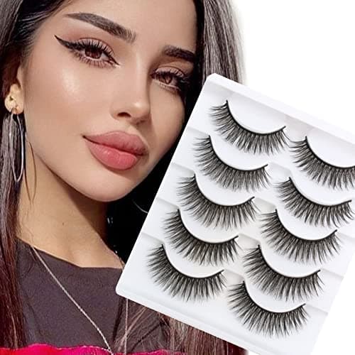 Image of Glowingwin False Eyelashes Natural Look Faux Mink Lashes Fluffy 5D Dramatic Fake Cosplay Eyelashes Wispies 5 Pairs Pack Strip Lashes Light Volume Short Fake Eye Lashes
