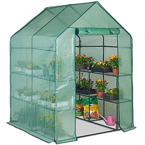 Image of VonHaus Walk In Greenhouse – Green House with 8 Shelves and Weatherproof Re-enforced Plastic PVC Cover – Plant House/Grow House for Garden and Outdoor – Roll Up Zip Panel Door – Easy No Tool Assembly