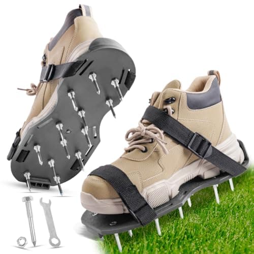 Image of URAQT Lawn Aerator Shoes, 42mm Studded Garden Lawn Aerator Spike Shoes with Hook & Loop Straps, One Size Fits All Free-Installation Heavy Duty Spiked Shoes for Yard Patio Garden
