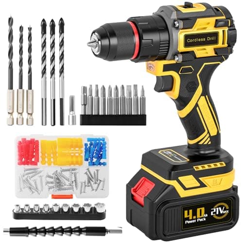 Image of Brushless Cordless Hammer Drill Set with 4.0Ah Large Battery, 21V Impact Drill Driver and Screwdriver Set, 25+3, 10mm Heavy Duty Chuck, 2 Speed 87 Accessories Power Combi Battery Drill kit for DIY
