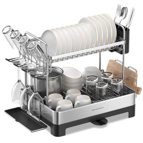 Image of SONGMICS Dish Drying Rack, 2-Tier Stainless Steel Dish Drainer with Extendable Spout, Drainboard, Cup Holder, Fingerprint-Resistant, for Kitchen, 32.5 x 58 x 39.6 cm, Silver and Black KCS032B01