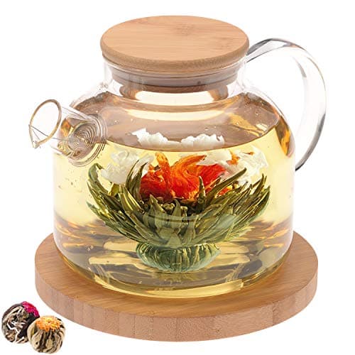 Image of Teabloom Glass Teapot with Bamboo Lid (1200ml) + Loose Leaf Tea Filter + 2 Blooming Teas + Large Bamboo Coaster/Coaster - Natural Blooming Tea Gift Set - Timeless Moments
