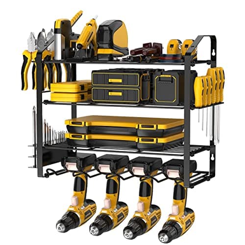 Image of Mutool Power Tool Organizer Storage Rack Wall Mount Drill Holder for 4 Power Drill Tools, Mesh anti-drop design, Tool Shelving with Side Screwdriver Rack and hooks for Garage, Workshop (Black 2)