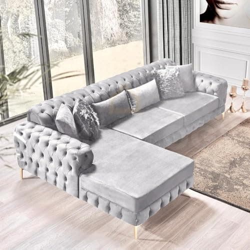 Image of Snooze Luxury Chesterfield Seater Plush Velvet L-Shaped Corner Sofa – Deep Button-Tufted Design with Elegant Gold Metal Legs – Chaise Lounge Couch (Silver Plush, Fabric Swatch)