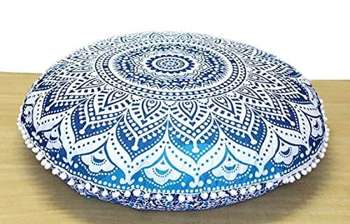 Image of 32" Mandala Large Floor Pillow Cover Meditation Cushion Seating Throw Hippie Round Colourful Decorative Bohemian Accent Boho Chic dog bed Indian Pouf Ottoman Handmade COVER ONLY (Ombre-Blue)