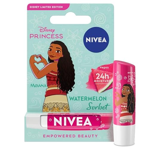 Image of NIVEA Disney Princess Moana Limited Edition Watermelon Sorbet Lip Balm (4.8g), Unique Disney Princess Inspired Lip Balm for Kids, Contains Moisturising Shea Butter for 24 Hour Moisture